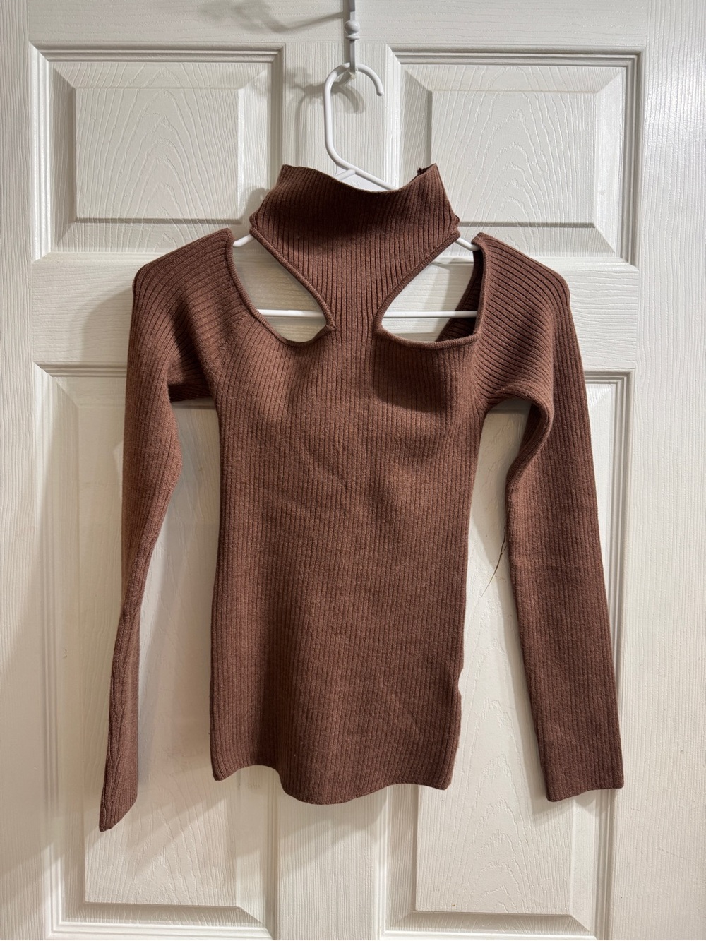Hours Brown Ribbed Cutout Turtleneck Sweater